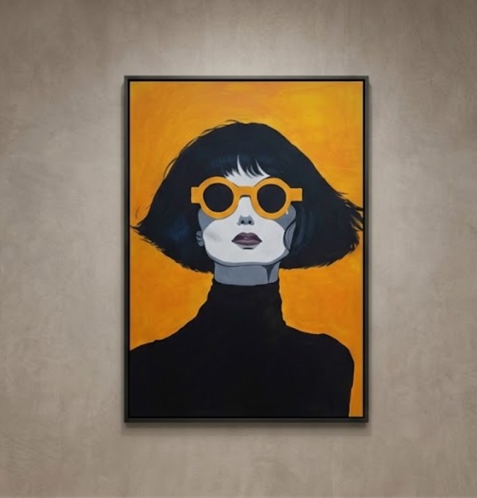 Femme au carré noir et aux lunettes rondes jaunes sur fond jaune