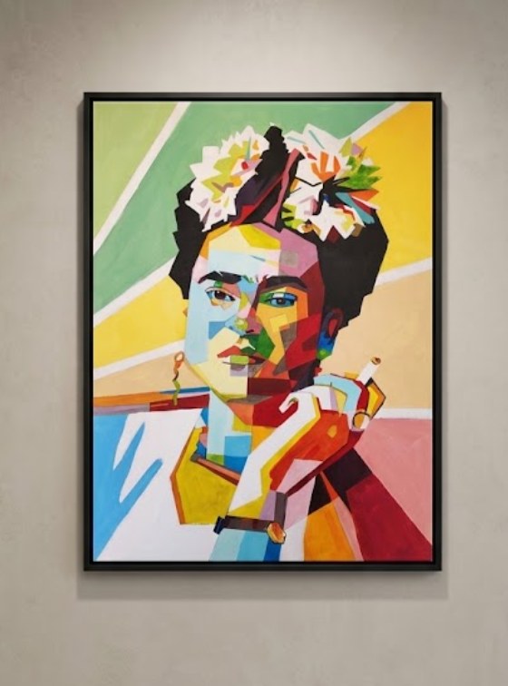 Portrait géométrique de Frida Kahlo tenant une cigarette, couronne de fleurs