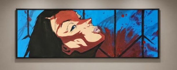 Toile panoramique, visage de femme renversé sur fond bleu éclaboussé de rouge