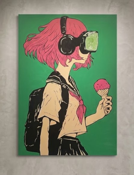 Jeune fille aux cheveux roses, casque audio et casque VR, tenant une glace sur fond vert