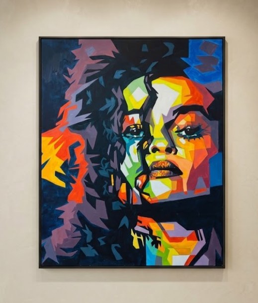 Portrait géométrique et très coloré d'une femme aux cheveux sombres